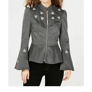 INC rhinestone embellished peplum jacket grey